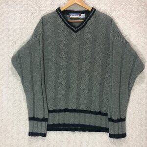 Concrete V-Neck Sweater Cable Knit‎ Striped Trim Pullover Gray Men's Size L